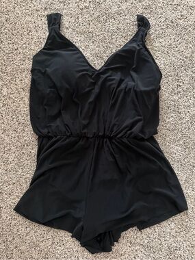 Black V-Neck One-Piece Swim Romper